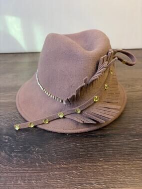 Champagne Italy Women's 100% Wool Felt Fedora Hat Taupe Rhinestone Feather